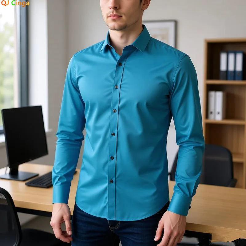 New Fall Collection: Men's Blue Long-sleeve Dress Shirts, Single-breasted Purple Stretch-collar Shirt. Black, White, Red, Gray.