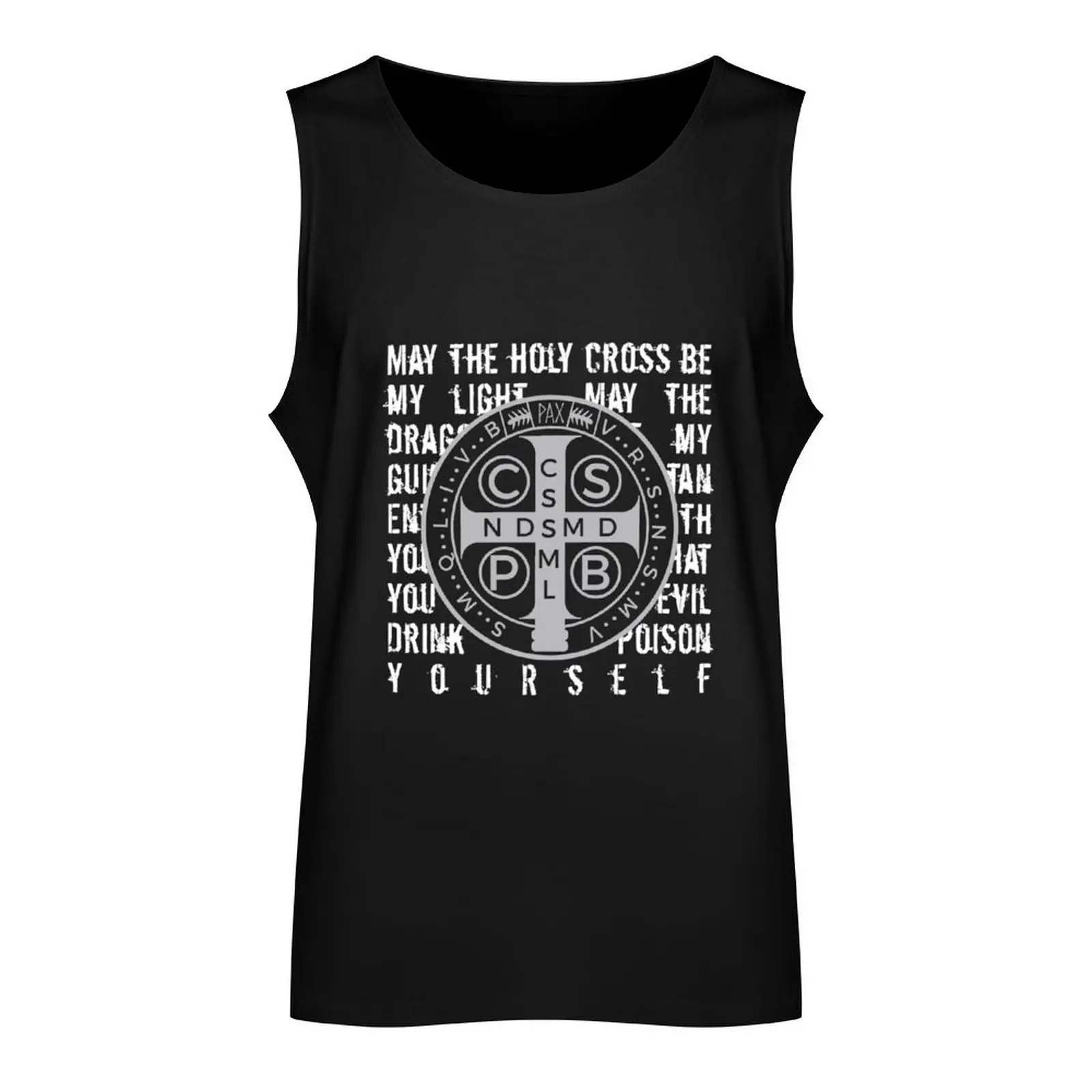 Saint Benedict Prayer Catholic Religious Gifts Tank Top Men's sleeveless gym shirts Men gym sportswear gym accessories men