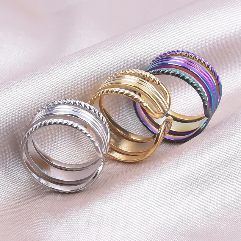 1/3Pcs Stainless Steel Stylish Irregular Hollow Multi-Layer Personality Chunky Open Rings Punk Textured Men Wide Anillos Jewelry