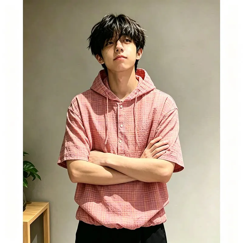 Men Summer T-shirts Dopamine Seersucker Yarn Plaid Man Short Sleeve Hoodie Shirt Fake Two Piece Hooded T-Shirt Male Tshirts T04