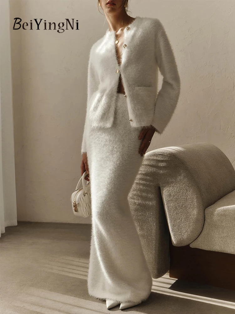 

Beiyingni Women Sweater Skirt Suits 2025 Autumn Winter Warm White Maxi Skirts Two Piece Sets for Woman Buttons Tops Matching Set