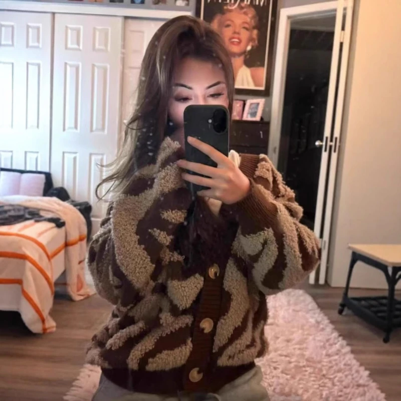 Cardigan Women Sweaters Leopard Print V Neck Full Sleeve Jumpers Y2k Streetwear Elegant Splice Knit Open Stith Autumn Winter 3