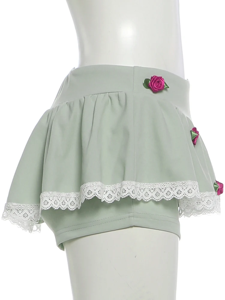 Weird Puss Sweet 3D-Rosen-Dekoration, 2-teiliges Set, Patchwork-Design, eng anliegendes Top mit tiefem Ausschnitt + Minirock mit Spitzenfalten, Party- und Sommer-Outfit. – Detail 14