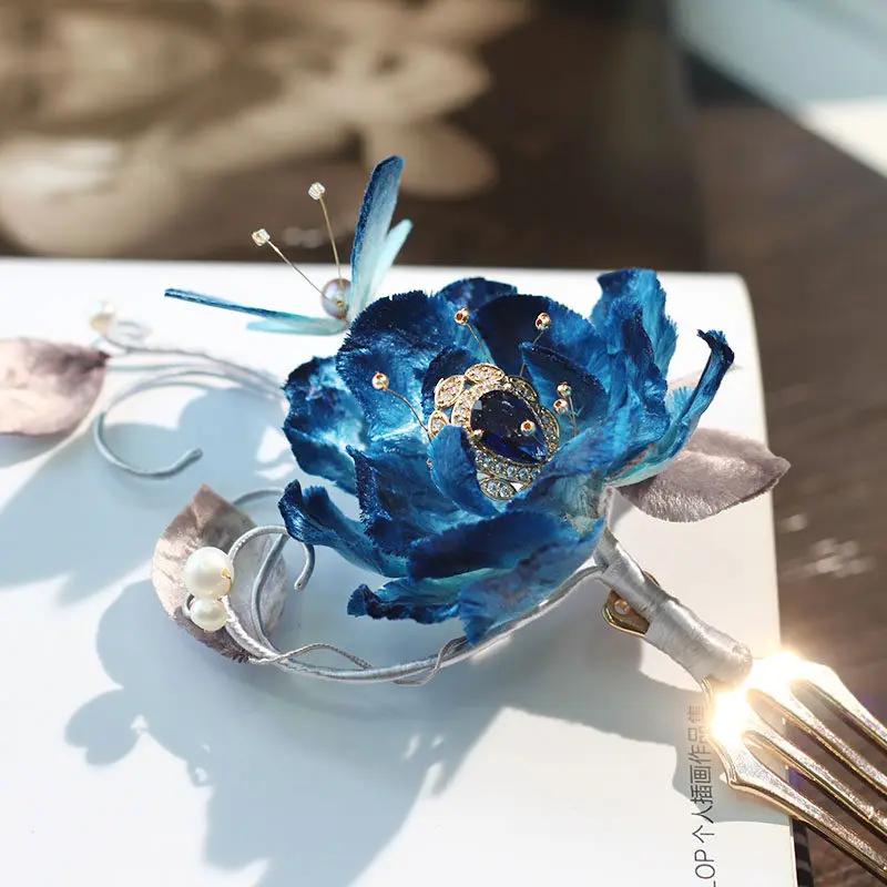 

Blue Marilyn Intangible Cultural Heritage Velvet Flower Hairpin & Comb, Ancient Style Cheongsam Hair Accessory Gift