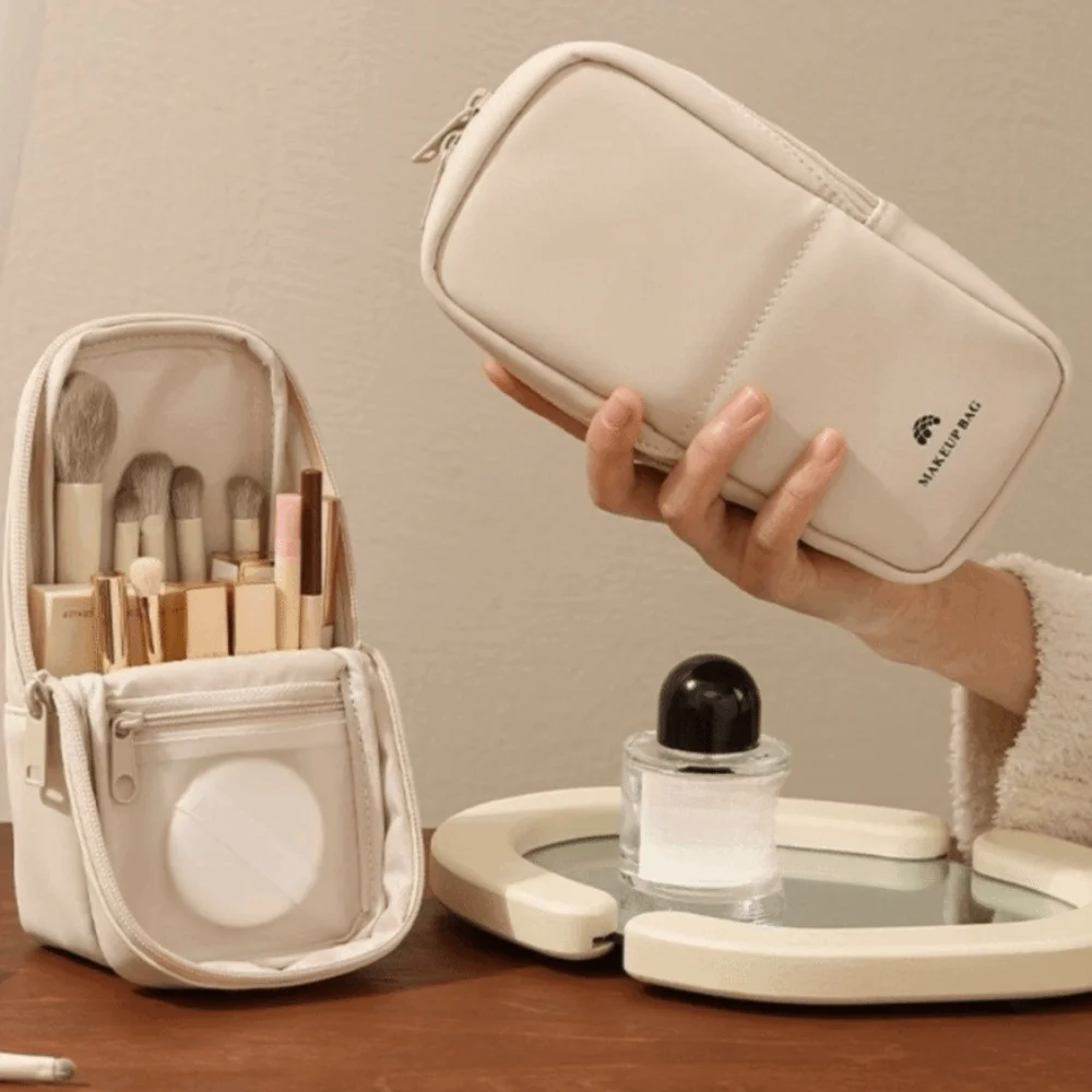 Waterproof Makeup Brush Bag Large Capacity Zipper Pen Storage Organizer Case PU Multi-Compartment Toiletry Bag Portable