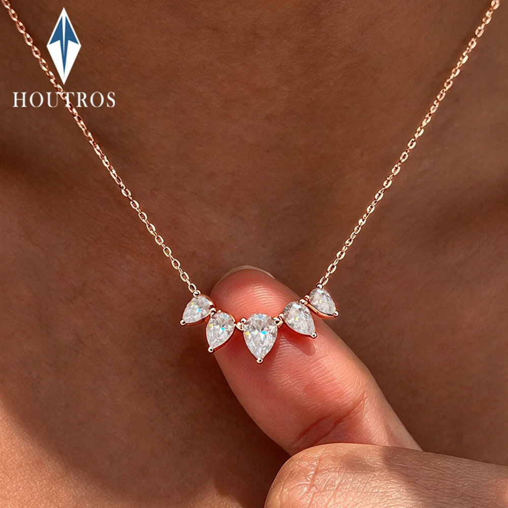 5 Stone Gradient Pear Shape 5A Zircon Pendant Necklace 925 Silver Teardrop High Carbon Diamond Dainty Necklace for Women Jewelry