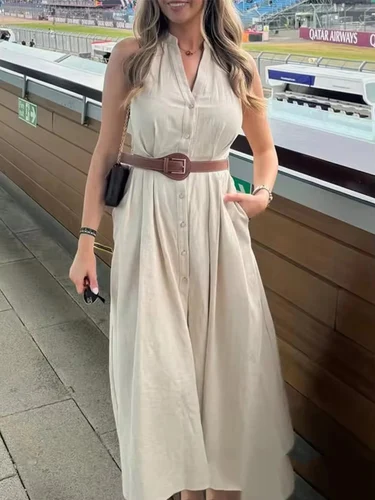 Imagen 2 del producto 2025 vestido plisado mujer cinturón sin mangas vestidos largos para mujer Casual verano vestido Midi mujer vacaciones vestido de mujer