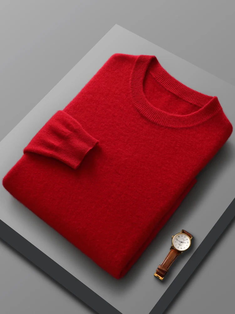 Men O-neck 100% Merino Wool Sweater Basic Long Sleeve Bottoms Pullover Autumn Winter Cashmere Knitwear Smart Casual Clothing