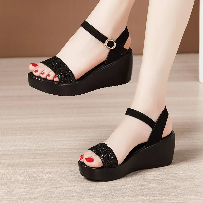 Small Big Size 32-43 Bling Silver Black High Heels Wedges Shoes Women Summer 2024 Thick Sole Platform Sandals Beach