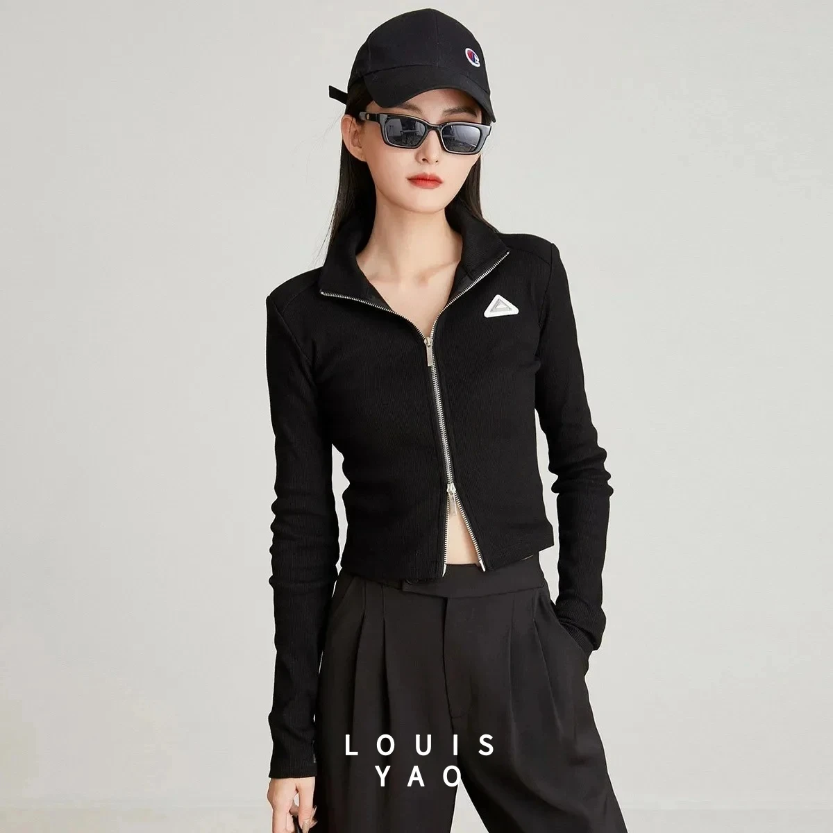 

LOUISYAO Fashion Double Head Zipper High Collar Cardigan 2025 Spring Autumn Tops Collection Slim Knitted Sweater Coat for Women