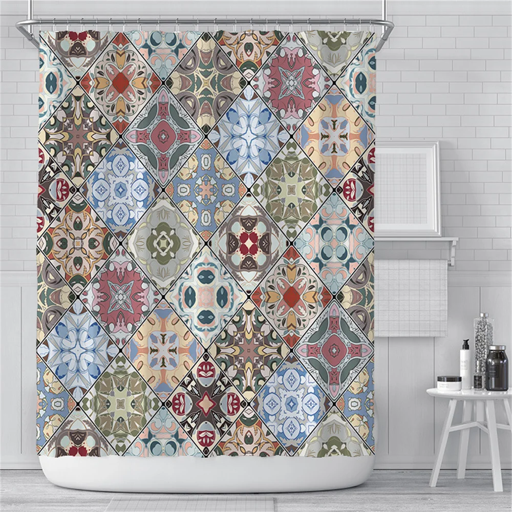 Patchwork Bathroom Curtain Mesh Floral Pattern Shower Curtain Bathroom Polyester Waterproof Fabric Trim with Hooks Bath Curtain