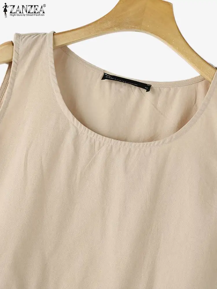 ZANZEA 2024 ฤดูร้อนชุดเดรสแขนกุดผู้หญิงแฟชั่น A-Line Holiday Beach Tanks Vestidos ทํางาน Sarafans Casual หลวมผ้าฝ้าย Sundress