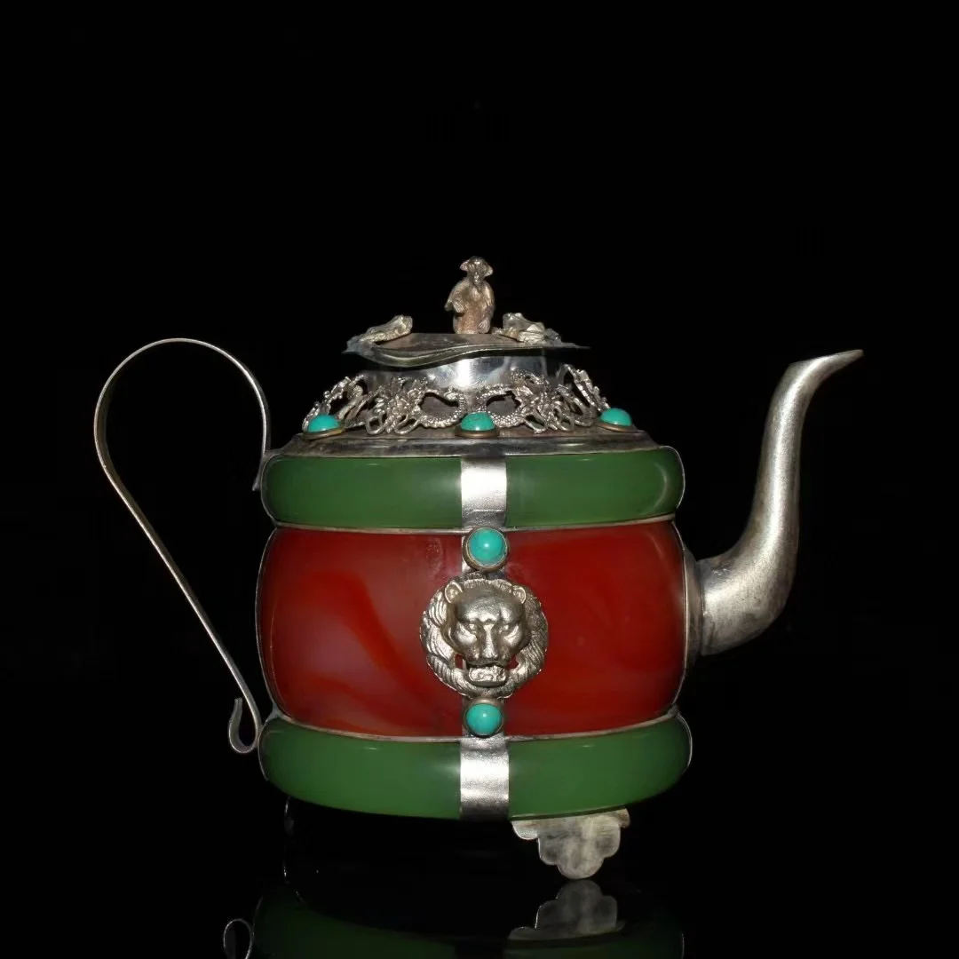 

Very rare Qing Dynasty silver&(Red)Jade&gem teapot