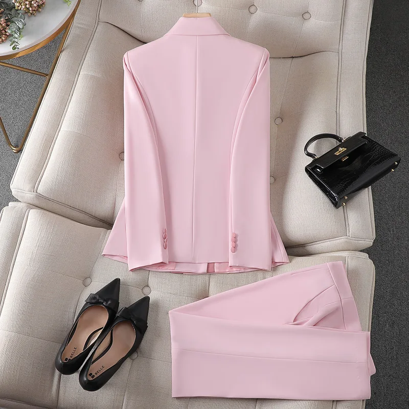 ZJYT Office Lady Formal Blazer Pants Suits 2 Piece Matching Set Women Conjunto Para Mujeres Work Wear Trousers Sets Pink Outfit