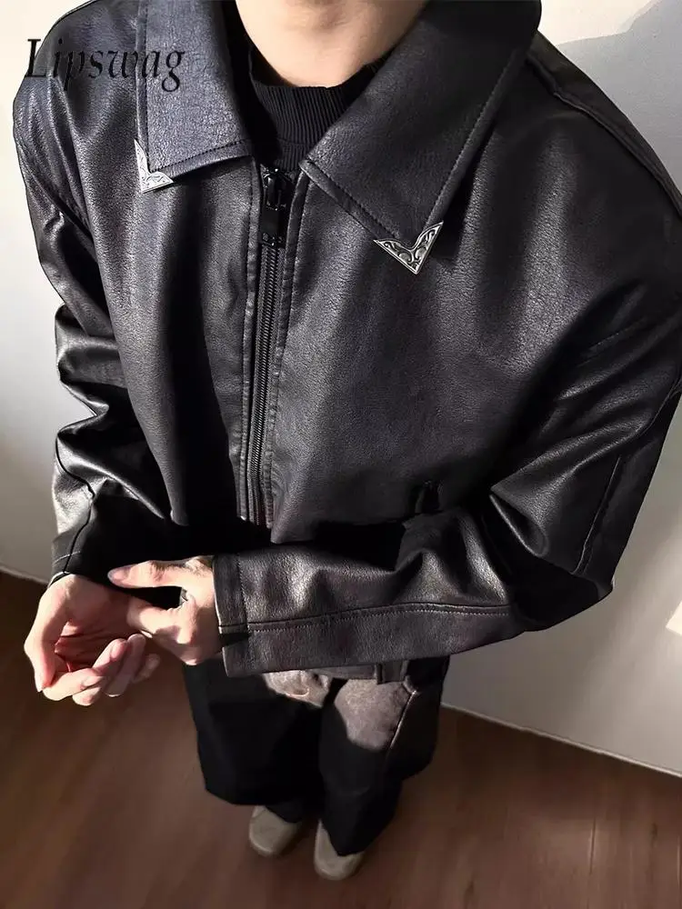 

Vintage Slim PU Leather Jackets Mens Streetwear Fashion Zip-up Turn-down Collar Coats Men Clothing Fall Winter Casual Outerwear