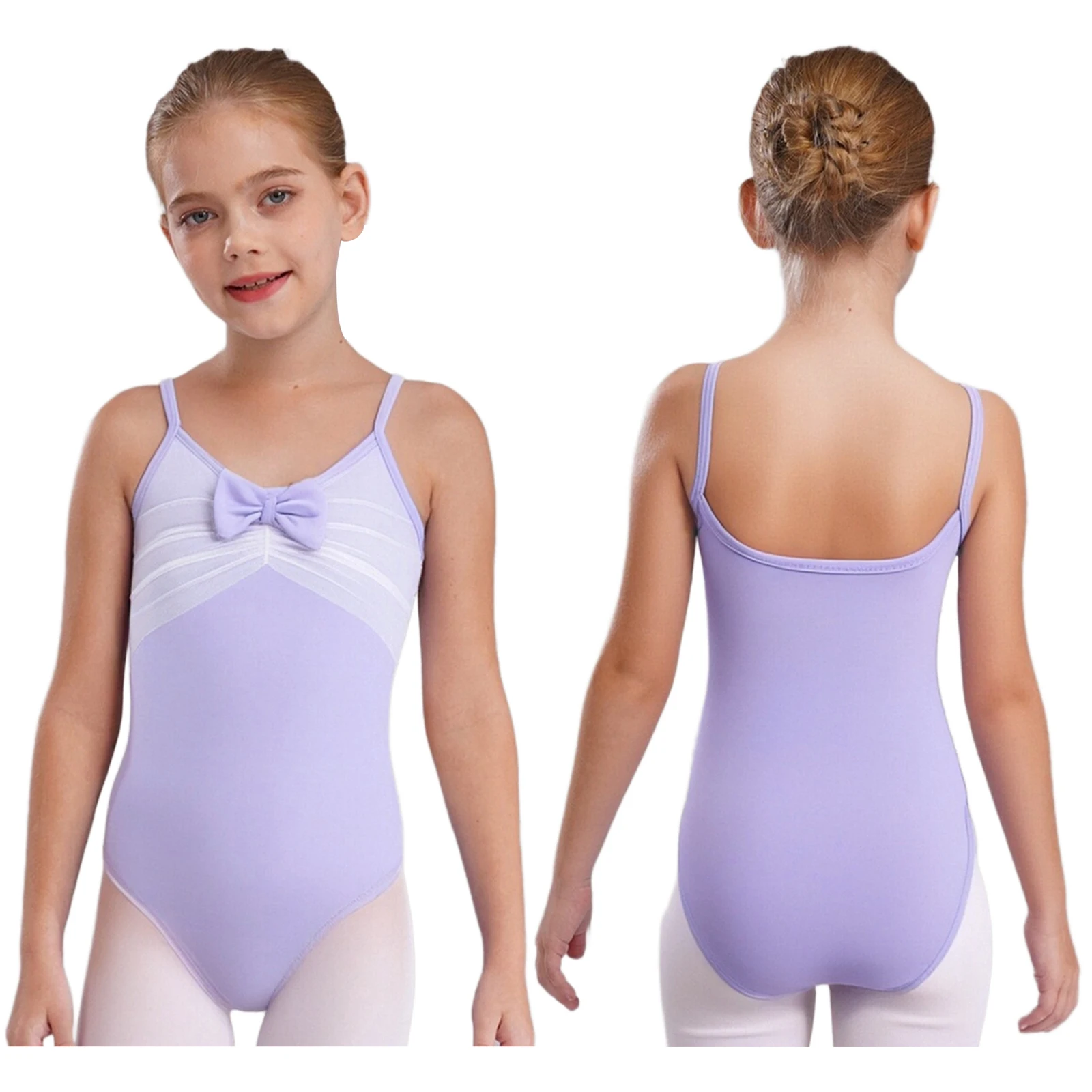 어린이 소녀 귀여운 리본 매듭 주름 메쉬 오버레이 발레 레오타드 백리스 바디수트 체조 발레 연습 공연 의상