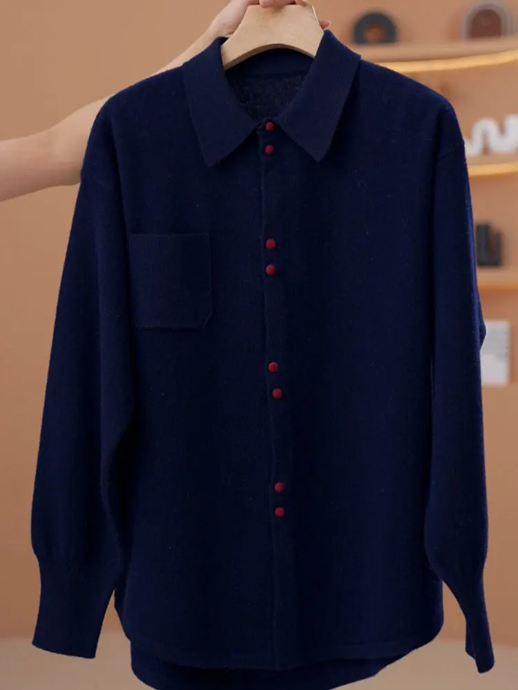 Kardigan damski na jesień 2025, swobodny, dzianinowy, otwarty, luźny, wyszczuplający, prosty, długi, elegancki, z wyraźnym wyczuciem luksusu.