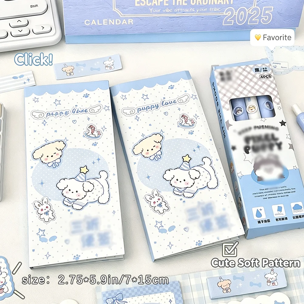 Cute Dog Three Fold Memo Book Blue and White Cartoon Tearable Message Memo Paper Student Account Decoration Material Memo
