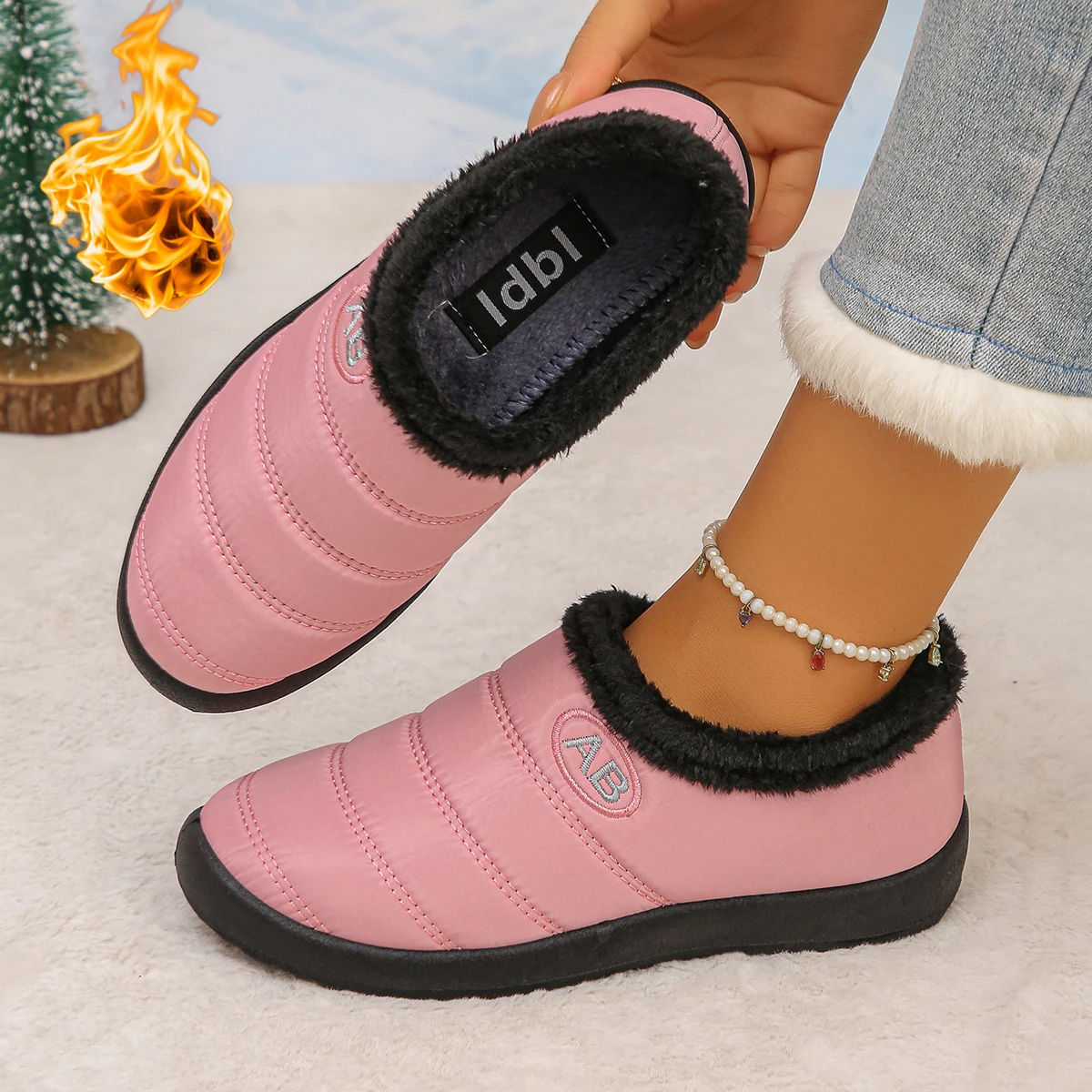 Women Snow Boots Round Toe Flat Comfortable Shoes Winter Casual Slip-On Shoes Warm Fleece Lined Leisure Waterproof Cotton Boots