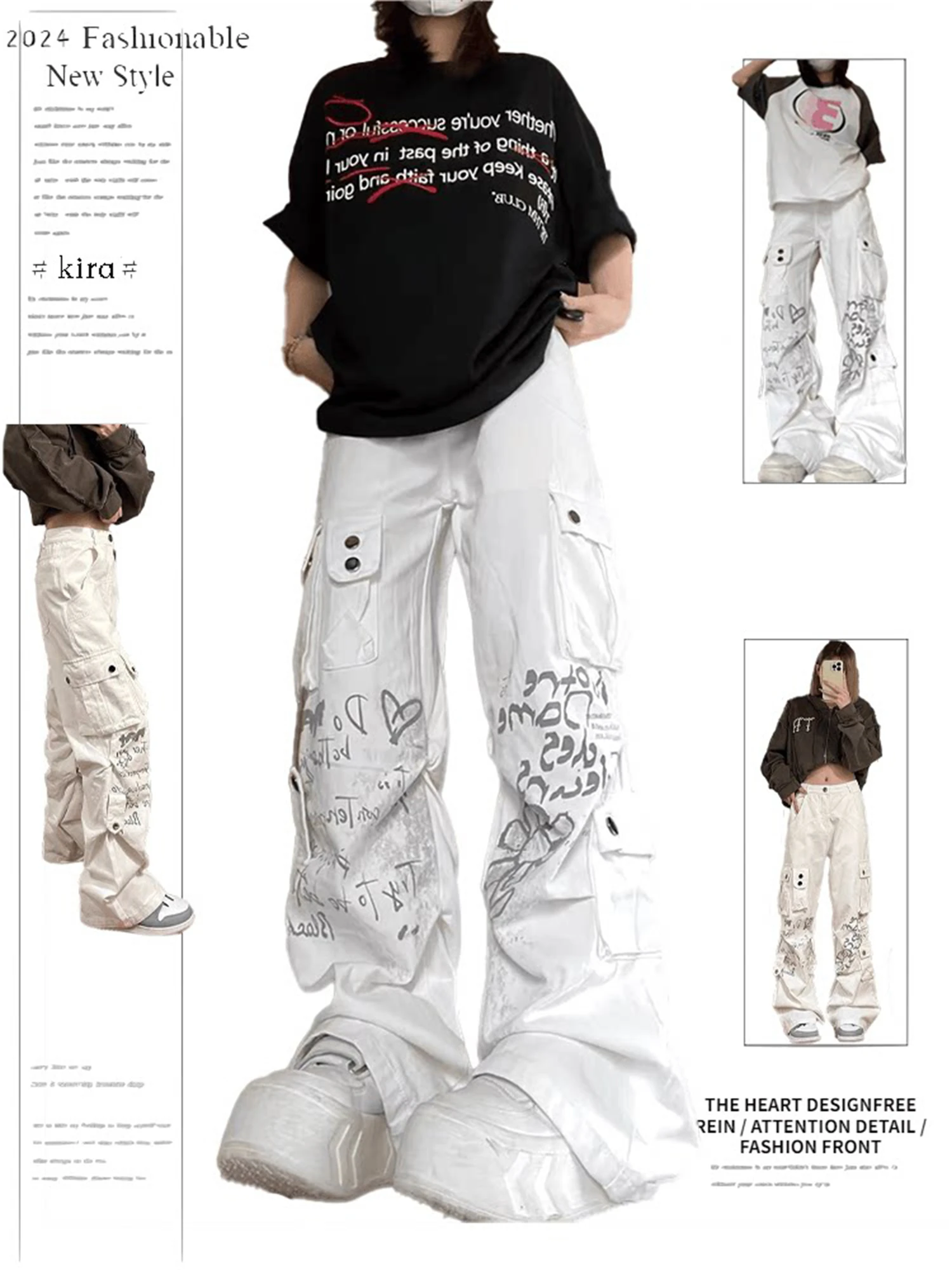 Women's High Waisted Baggy Wide Leg Cargo Jeans White Graffiti Handwritten Text Print Cargo Pockets Y2K Streetwear Denim Pants