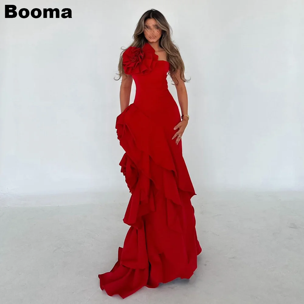 

Booma Red Mermaid Evening Dresses One Shoulder 3D Flowers Ruffles Formal Party Gowns for Women Saudi Arabic Prom Dress Dubai