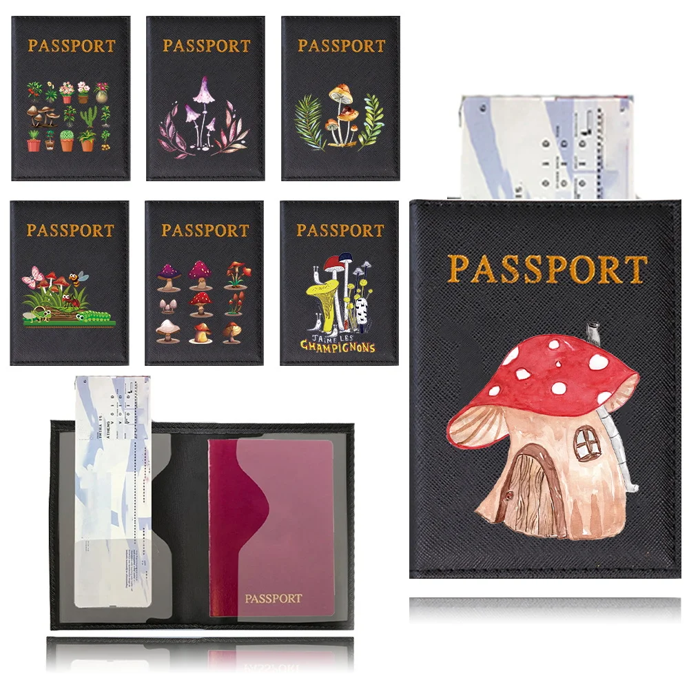 Fashional Mushroom Pattern Travel Passport Holder, PU Leather Literal Passport Cover for Women Men Slim Travel Wallet Accessory