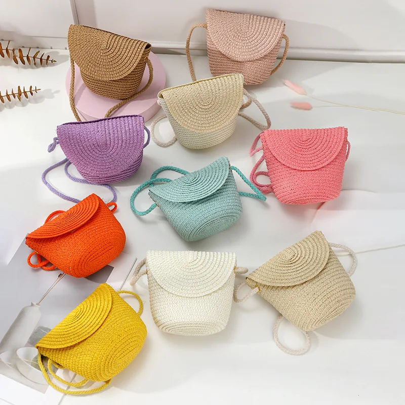 Summer Seaside Children's Straw Shoulder Bags Colorful Woven Baby Girls Bohemia Coin Purse Handbags Vacation Small Crossbody Bag