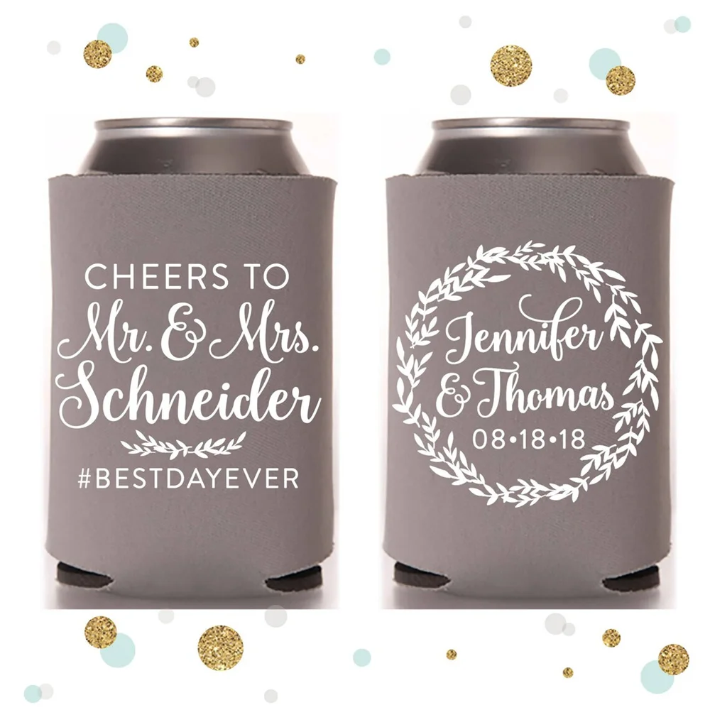 

Cheers to the Mr and Mrs - Wedding Can Cooler #110R - Custom - Wedding Favors, Beverage Insulators, Beer Huggers