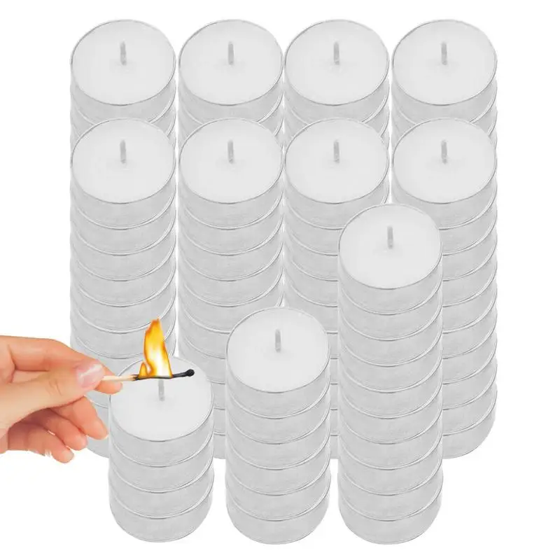 White Tea Light Candles 100 PCS Round Night Tealight Candles Decorative Glow Unscented Paraffin Tealights Candles For Light Up