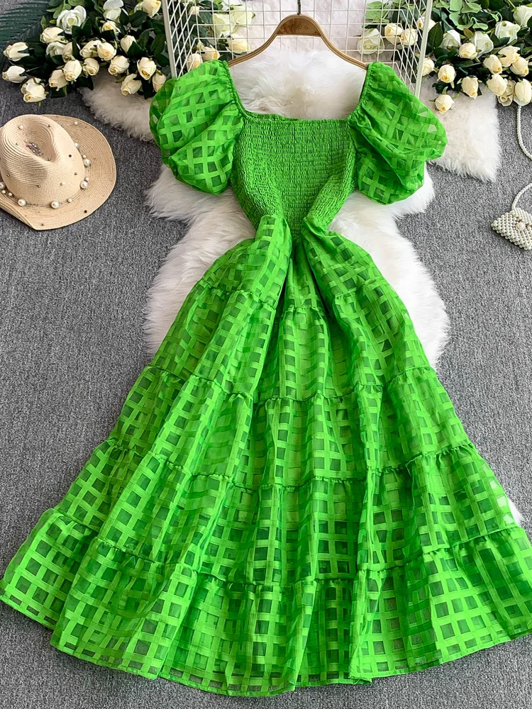 Vestido Estilo Princesa com Mangas Bufantes Verão Novo Cintura Alta Efeito Emaecimento Vestido Midi em A Estilo Coreano