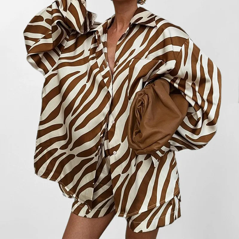

Office Lady Lapel Button Shirt + Short Sleeved Outfit Casual Streetwear Long Sleeved Suit Fashion Loose Striped Printed 2pc Sets