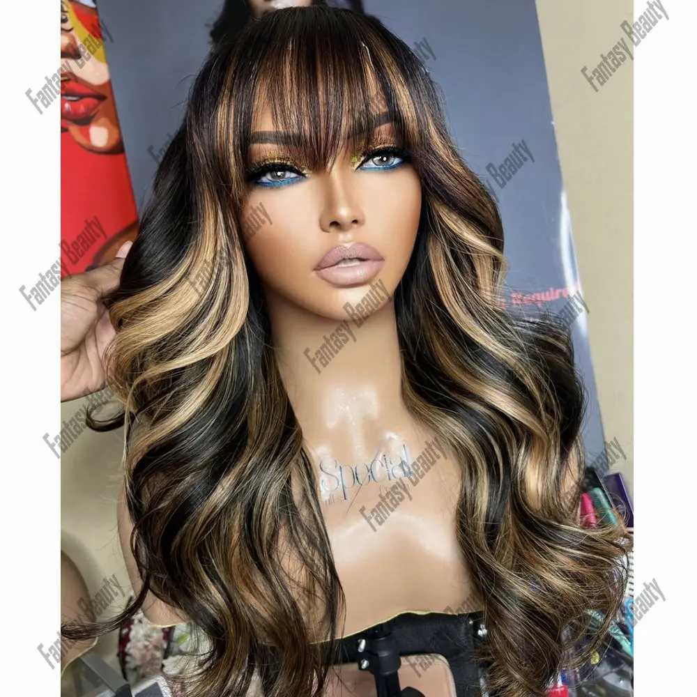 Wig Frontal 360 pirang coklat Lace wig 100% rambut manusia gelombang tubuh dengan poni tanpa lem wig penuh renda rambut manusia rambut Remy