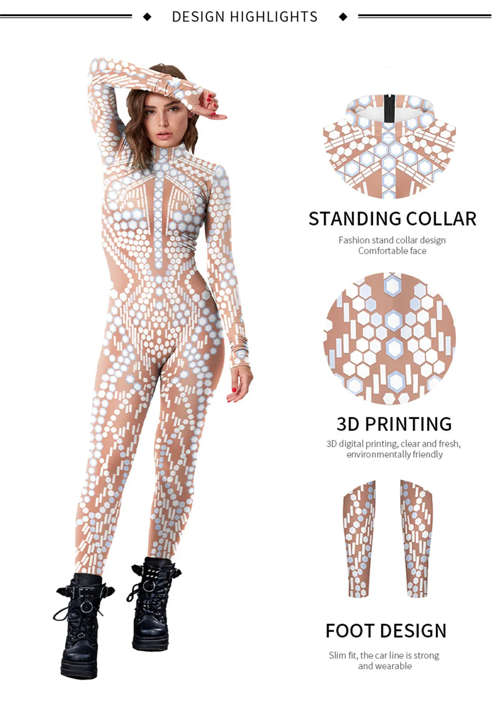 IOOTIANY Damen Sexy Slim Bodysuit Cosplay Karneval Party Zentai Kostüm Glitzer-Muster 3D-Gedruckte Bodysuits – Detail 2