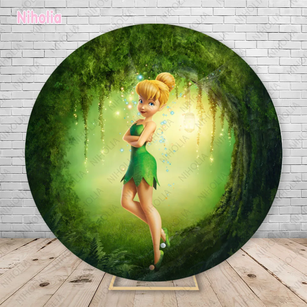 Tinkerbell Backdrop Round Cover Girls Kids Birthday Party Green Fairy Photography Backdrop Studio Plinth Elastic Decor Banner