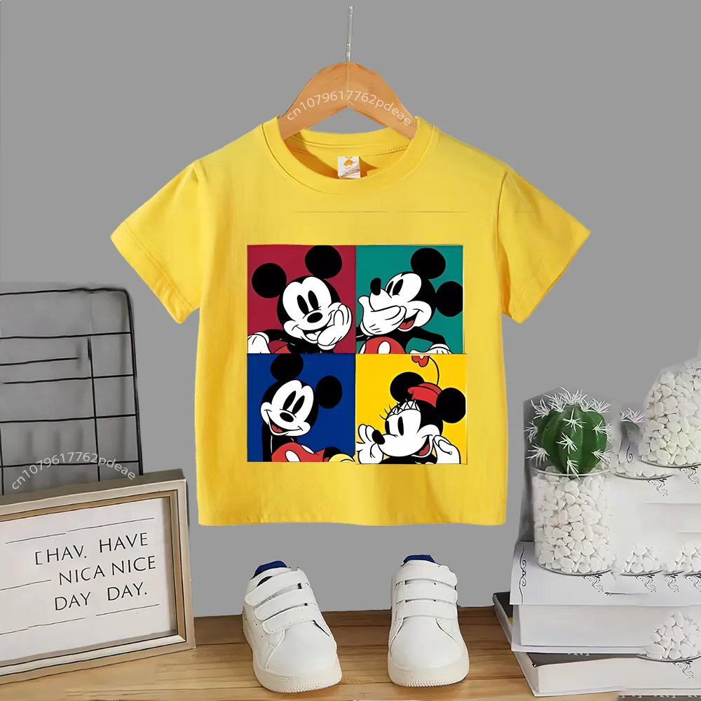 Disney Street Teen 100% Cotton T-shirt Kids Cartoon Mickey Outdoor Comfortable Casual crew neck T-shirt Boys Girls short sleeve