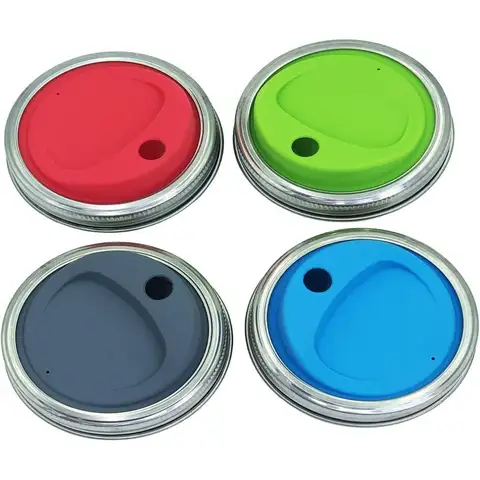 Refillable Grade Silicone Round Sip Lids Set with Stainless Steel Rings for Mason Jars, Ball, Canning Jars, 4 Sets (Wide Mouth,