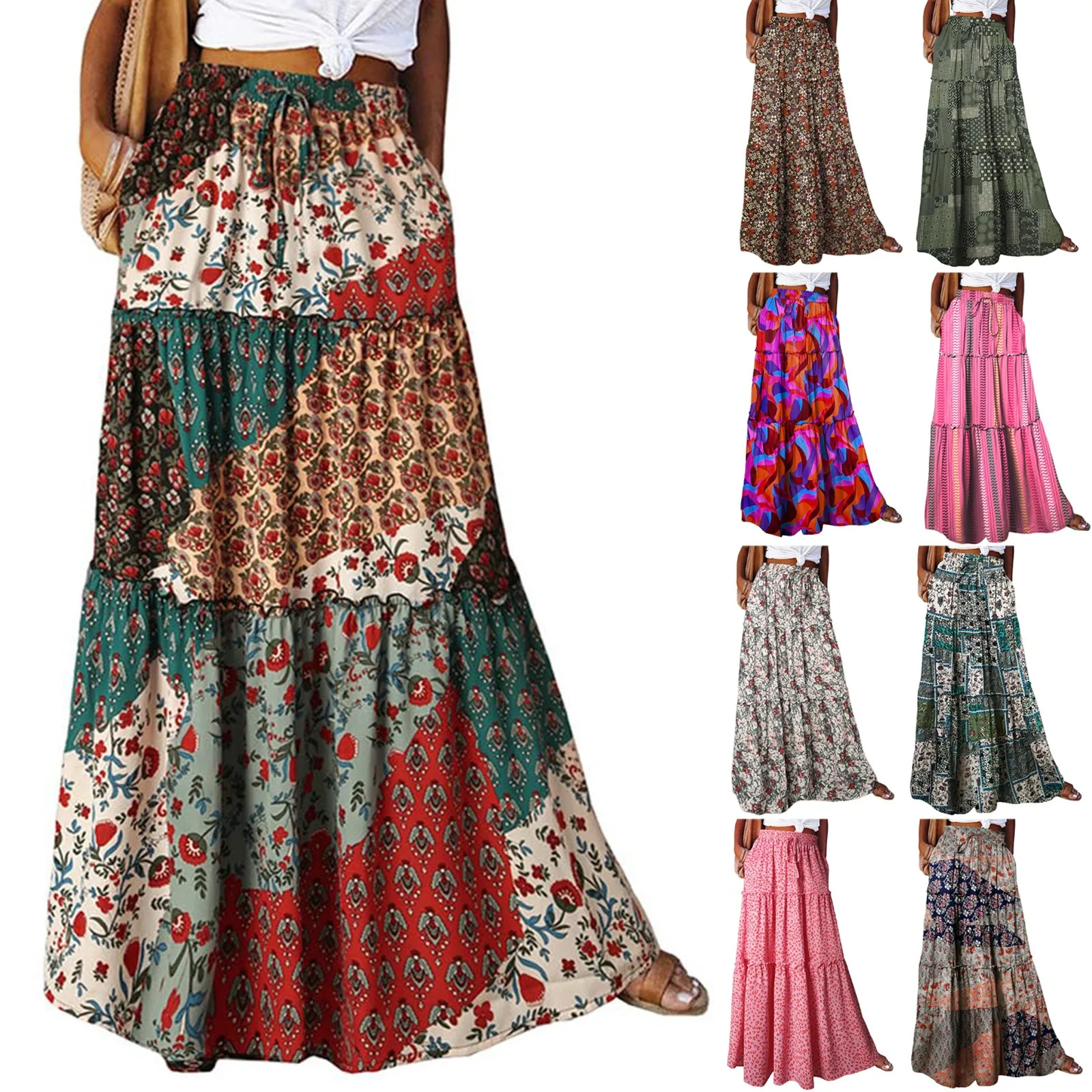

Floral Blocking Fashion Bohemian Print Elastic Waist Skirt Loose Casual High Waist Tie Long Skirt Beach Vacation Dress Up