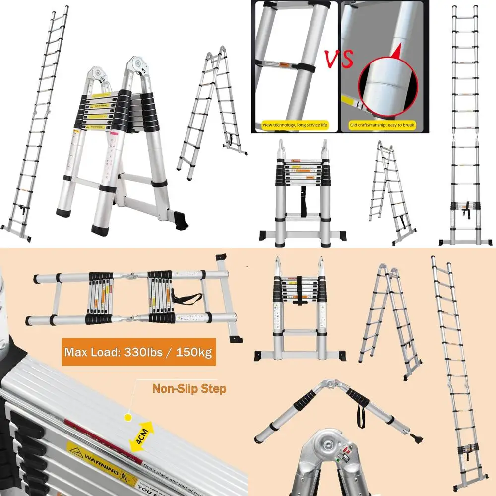 A-frame telescopische ladder 16,4ft (8,2ft + 8,2ft) Vouwladder Zwaar uitgevoerde aluminium trapladder 330 lbs draagvermogen, met niet-