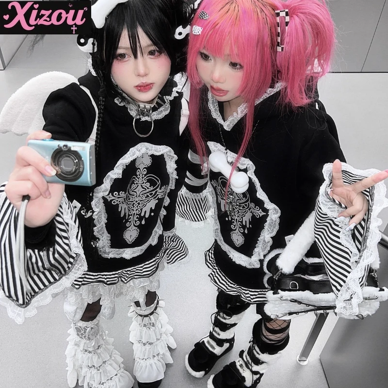 

Оригинальная субкультура с кроличьими ушками, толстовки с капюшоном для горячих девушек, милая кружевная полосатая толстовка с цветными роговыми рукавами, женская толстовка большого размера