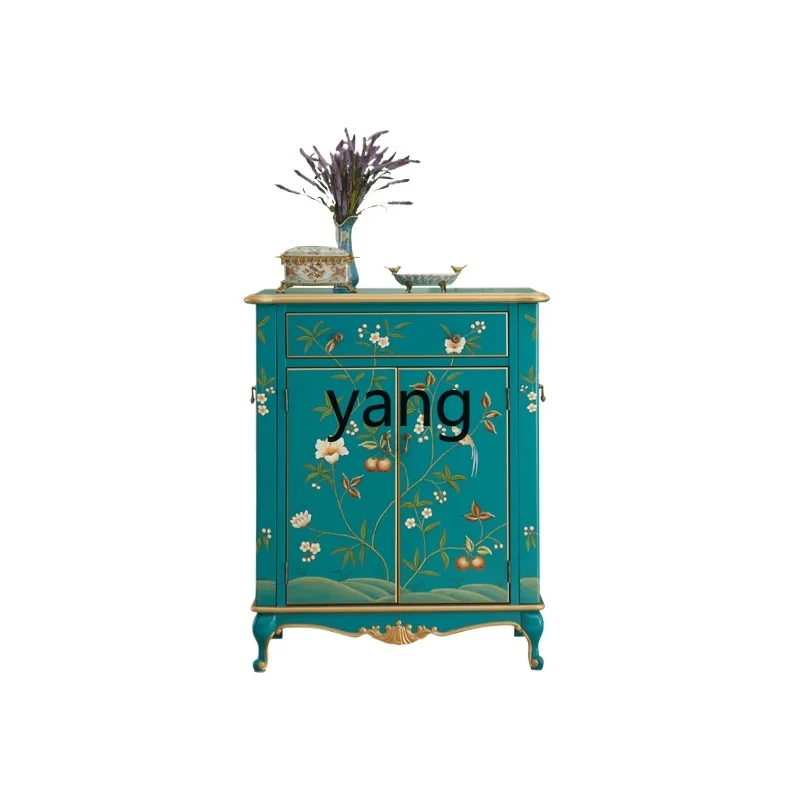 

Yjq Hand-Painted Retro Art Shoe Cabinet Multi-Functional Entrance Cabinet Green Storage National Style