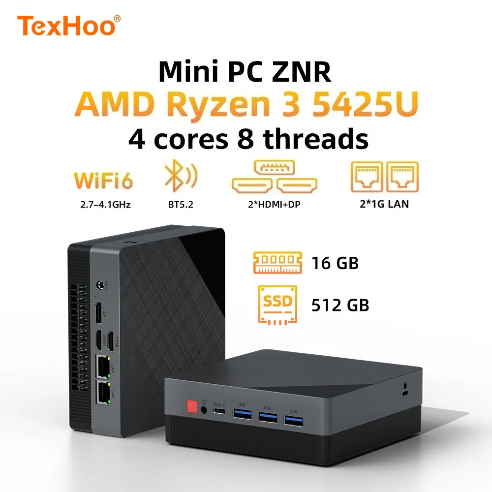 Texhoo MINI PC AMD Ryzen 3 5425U DDR4 16G 512G M.2 SSD Pcle3.0 WIFI6 BT5.2 Dual LAN HDMI 4k@60HZ Display Desktop Mini Computers