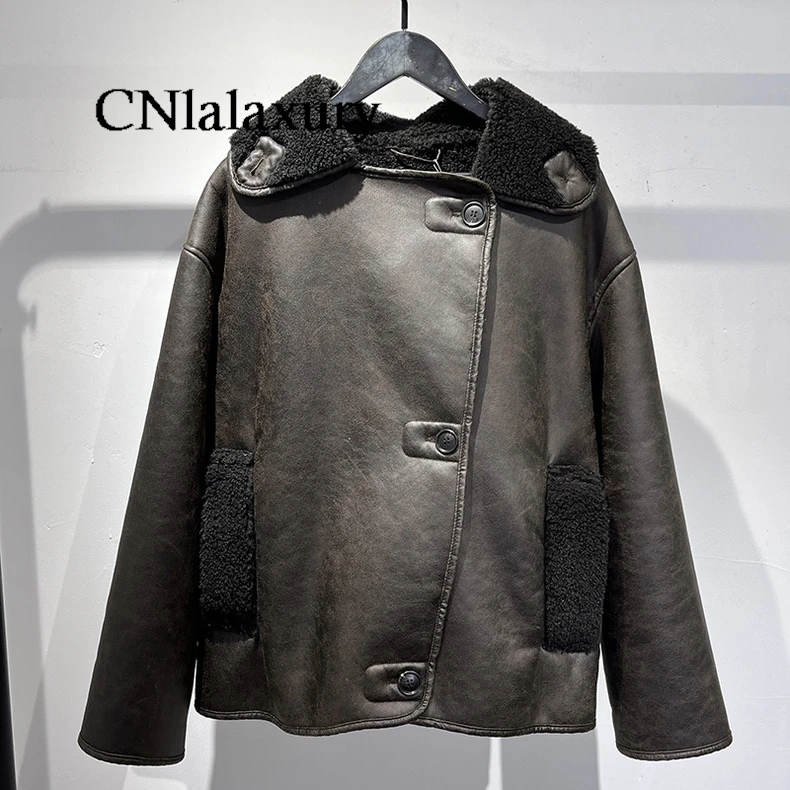 CNlalaxury Winter Women Lamb Wool Thick Jacket Vintage Faux Leather Outwear Single Breasted Pockets Streetwear Warm Jackets