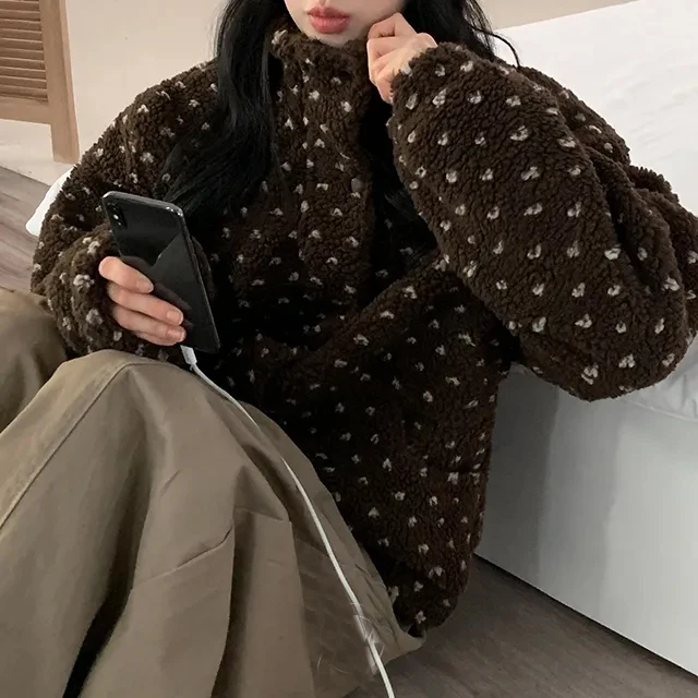 

Корейская утепленная женская куртка из овечьего меха и хлопка с сердечками, короткая верхняя одежда с длинными рукавами, на молнии, зимнее пальто