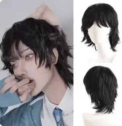 Black Men's Wig Synthetic Short Straight Natural Hair Wig for Cosplay Party Daily High Temperature Fiber