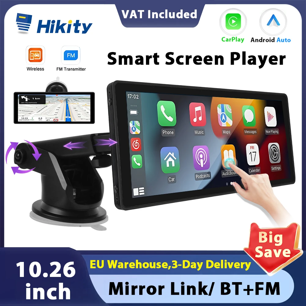 Hikity 10.26" Wireless Carplay Screen Android Auto Car stereo DVR Dashboard Supports AirPlay Android Cast Support Rear CAM