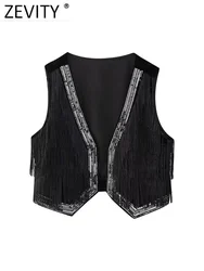 Zevity 2024 Women National Style V Neck Silver Sequined Design Tassel Velvet Short Vest Jacket Lady Crop WaistCoat Tops CT5895