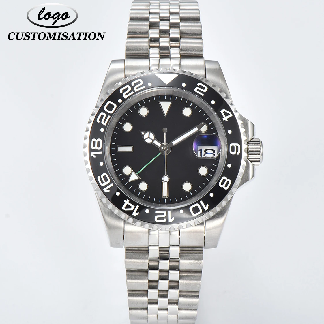 Customised Logo Men\'s Mechanical Automatic GMT Watches NH34 Movement Sapphire Glass Ceramic Date Stainless Steel Strap