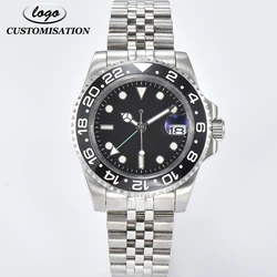 Customised Logo Men's Mechanical Automatic GMT Watches NH34 Movement Sapphire Glass Ceramic Date Stainless Steel Strap