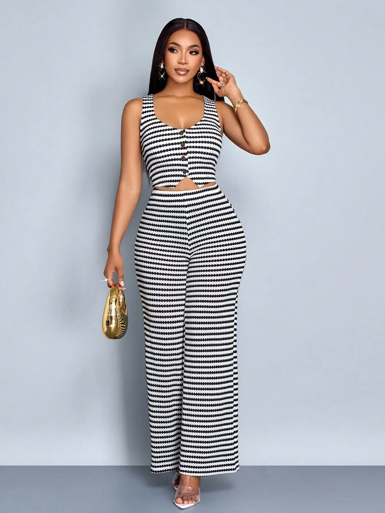 

Women Striped Sleeveless V-Neck Front Button Crop Top And Wide Leg Pants Set