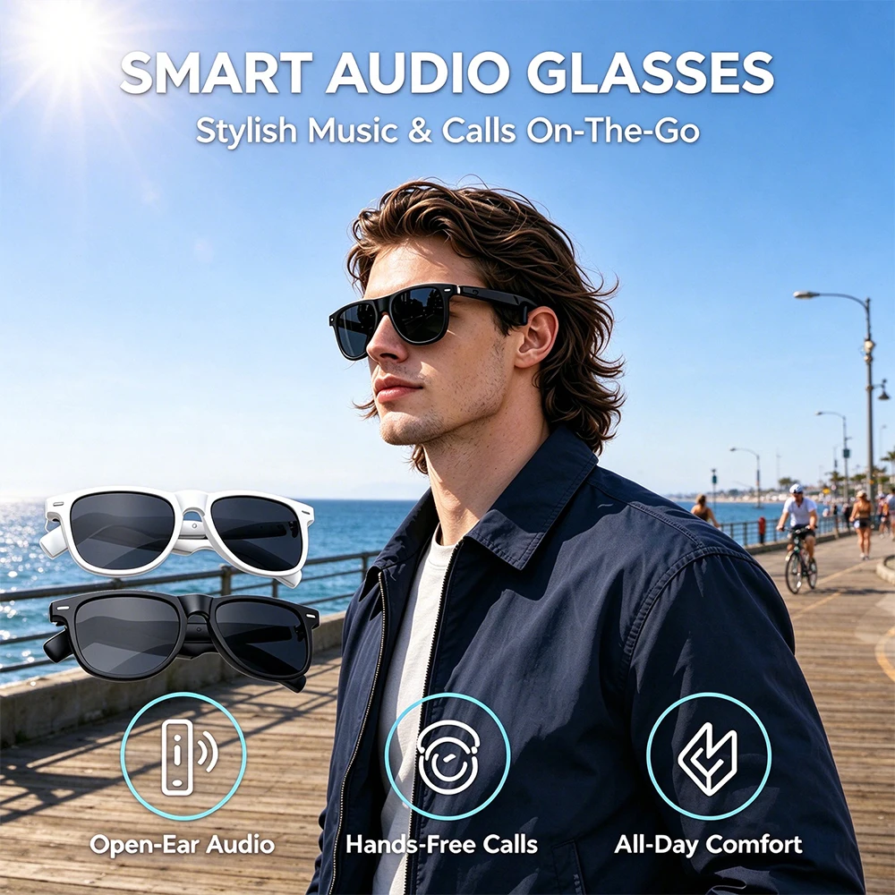 Smart Audio Glasses Bluetooth Polarized - Bluetooth対応スマートオーディオサングラス SG-23 Pro。開放型イヤーデザイン、偏光レンズ、ハンズフリー通話、屋外での音楽鑑賞に最適。